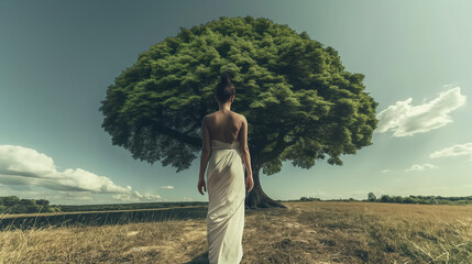 Wide shot of a woman looking at a tree in a big field