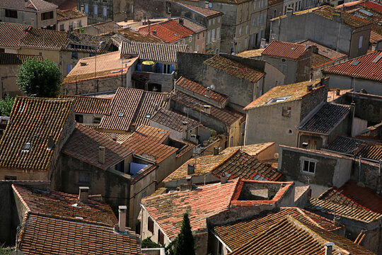 Jumble of roofs, seen from above from the Tour Barberousse (Redbeard's Tower), Gruissan village, Aude, Occitanie, France