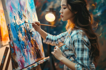 Portrait of young female artist painting with a brush on canvas in art studio