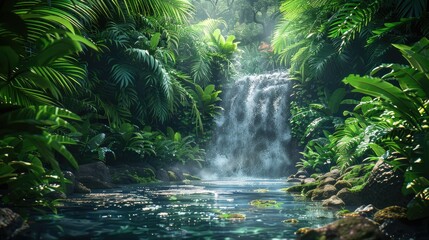 Tropical waterfall oasis with lush greenery and sunlight filtering through foliage.