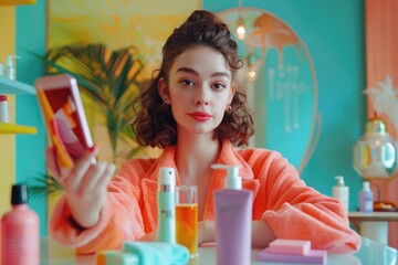 A beautiful beauty influencer recording a video with beauty product in hand