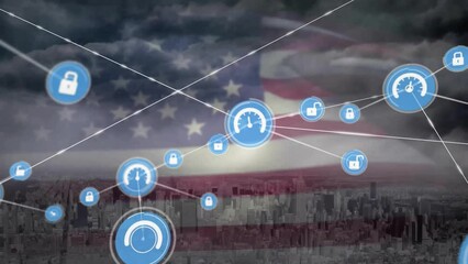 Animation of network of security and data icons over flag of america and cityscape