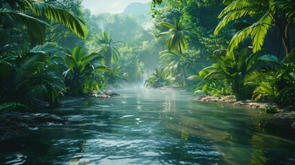 Tropical paradise with lush greenery and serene waterfall, perfect for nature and travel themes.