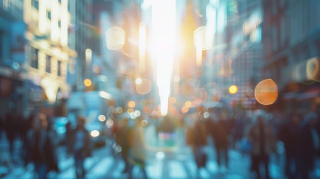 Blurred cityscape with anonymous people and vibrant bokeh lights, depicting urban life and unfocused crowd in a high-traffic area.
