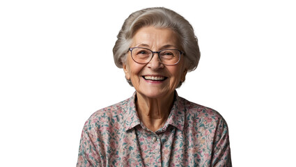 Senior beautiful grey-haired woman wearing casual sweater and glasses over white studio background smiling smiling with beautiful smile. Health concept. Transparent isolated background