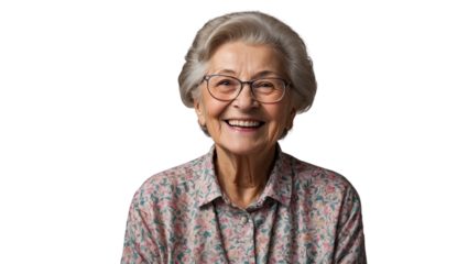 Senior beautiful grey-haired woman wearing casual sweater and glasses over white studio background smiling smiling with beautiful smile. Health concept. Transparent isolated background