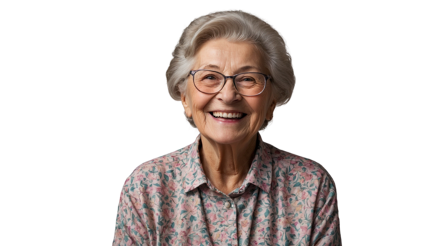 Senior beautiful grey-haired woman wearing casual sweater and glasses over white studio background smiling smiling with beautiful smile. Health concept. Transparent isolated background