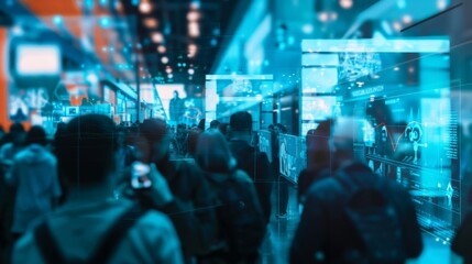 Blurred image of a diverse crowd at a technology expo with modern screens and futuristic lighting. - obrazy, fototapety, plakaty