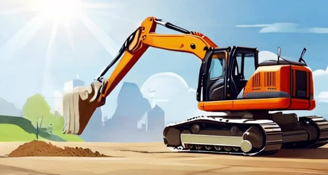 An orange excavator is moving earth with its bucket on a clear, sunny day, depicted in an animated style.