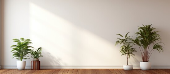 Three potted plants are placed in front of a plain white wall in an empty room with a wooden floor. The setting is minimalistic and clean, with the focus on the greenery against the stark background.