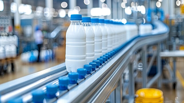 The interior space of the production line of drinks, where glass bottles of milk are located