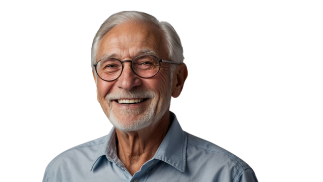 Senior handsome grey-haired elderly man wearing casual sweater and glasses over white studio background smiling with beautiful smile. Health concept. Transparent isolated background