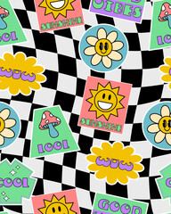 Abstract hipster cool trendy Background With Retro Stickers Vector Design.Cool trendy retro stickers with smile faces, cartoon comic label patches. Funky, hipster retrowave stickers geometric shapes