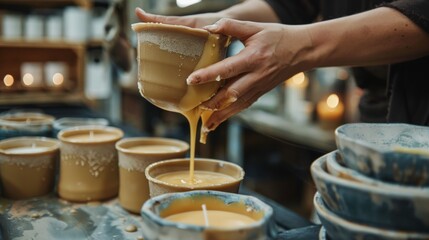 Artisan Candlemaker Pouring Melted Wax Creating Handcrafted Candles in Workshop - obrazy, fototapety, plakaty