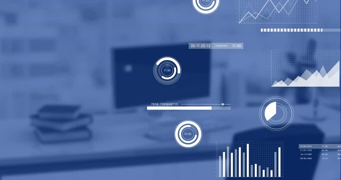 Animation of financial data processing over desk in office