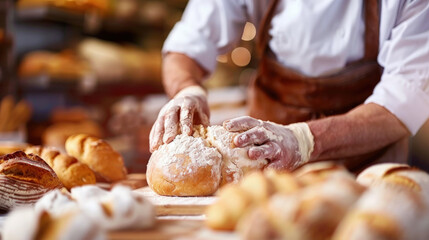 Obraz na płótnie Canvas A baker is skillfully creating a pastry in the bustling environment of a bakery, surrounded by ingredients, tools, and other baked goods