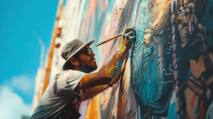 A man is actively painting a wall with graffiti, using vibrant colors and intricate designs to...