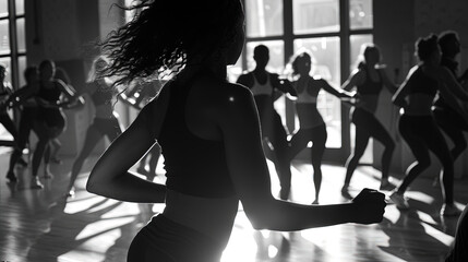 A group of women of different ages and ethnicities dancing together in a brightly lit dance studio. They are wearing dance attire and moving gracefully to the music with focused expressions