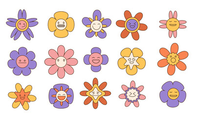 Groovy flower cartoon characters set. Funny happy daisy with linear eyes and smile. Sticker pack in trendy retro trippy style. Isolated vector illustration. Hippie 60s, 70s style.