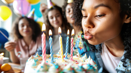 A young girl enthusiastically blows out candles on a colorful birthday cake surrounded by friends and family, celebrating a special occasion