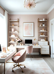 Luxury pink and gold home office for beauty business with computer, desk and chairs. In blush tones with flowers