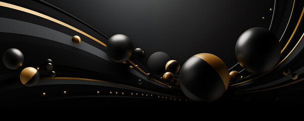 abstract background with black and gold 3d spheres, banner with copy space