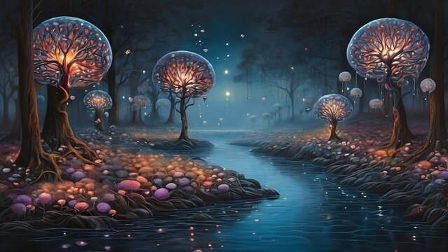 surreal depiction of a brain-shaped forest at twilight, where luminous thought-bubbles bloom like exotic flowers tranquil river of mindfulness flows created with generative ai