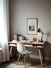 A minimal white hygge home office. A wooden desk and chair with books and a lamp. Work from home