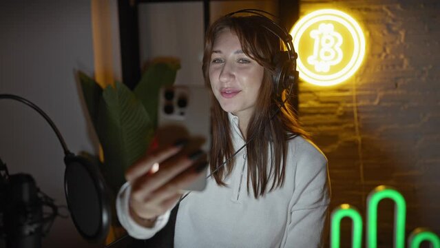A young woman with headphones speaks into a microphone in a studio with neon bitcoin and ethereum signs in the background