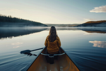 Rear view of woman sitting in a canoe in the middle of a large calm natural lake