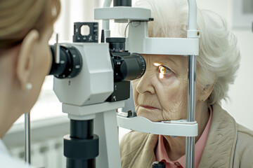 Senior woman having an eye exam at ophthalmologist's office