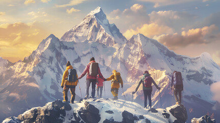 Against the backdrop of a majestic mountain range, a team of trekkers extends helping hands to one another, embodying the essence of teamwork, collaboration, and achievement in both climbing and busin - Powered by Adobe