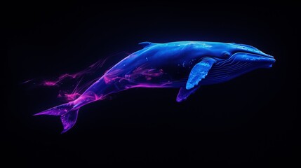 Minimal neon style background of lonely blue whale.