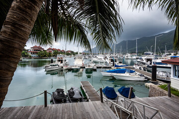 panoramic view of the coast of the Seychelles with bays and white catamarans