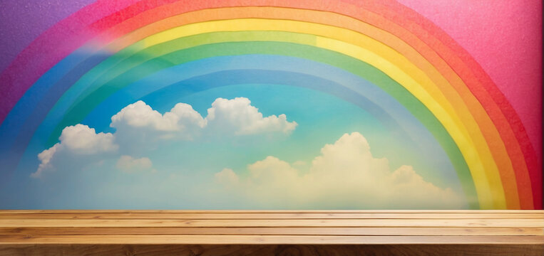 empty wooden table for product display with rainbow background
