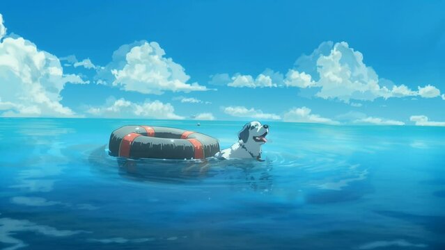 A dog resembling a beach guard, seamless looping time-lapse animation video background by AI.