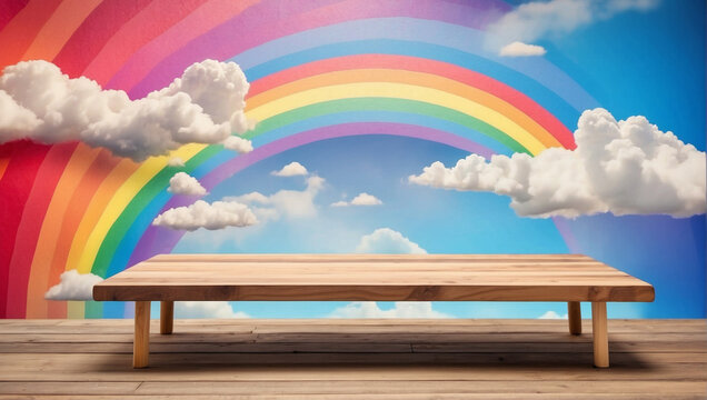 empty wooden table for product display with rainbow background