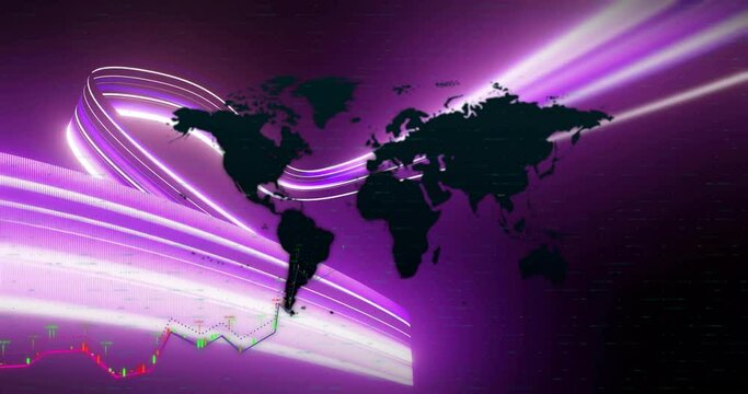 Animation of data processing and world map over light trails on purple background