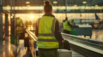 Back view of an airport female worker controlling the luggage uploading onto the conveyor belt. - Generative AI.