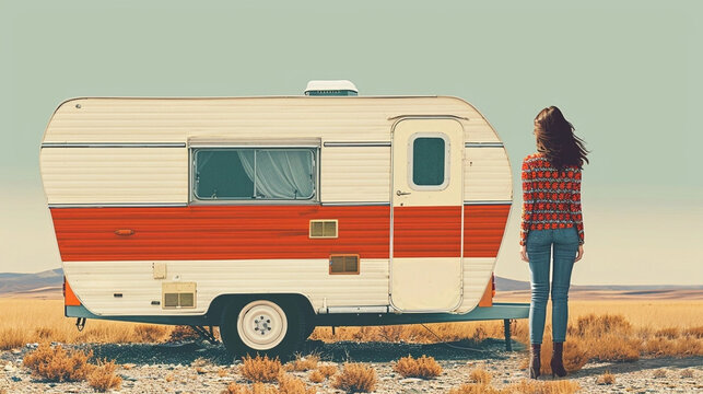 copy space, stockphoto, publicity poster 1970 style, woman standing in front of a caravan, vintage 70’s style. Old-fashioned trailer with woman posing in from of it. Old school travel. Solo traveller.
