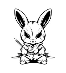 Black and white drawing of a fighter rabbit, ninja rabbit, cute cartoon, 3D ninja, for designing various logos.