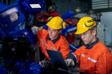 male engineer workers maintenance automatic robotic arm machine in a factory. worker checking and repairing automatic robot hand machine. technician worker check for repair factory machine.