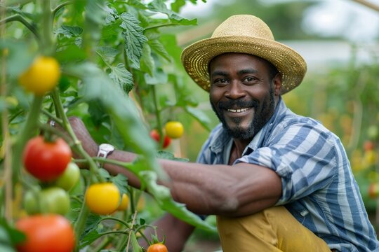 portrait of Afroamerican farmer picking tomatoes. Local gardening concept. Lifestyle photo. Background for banner, flyer, advertising