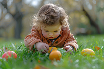 Kid on Easter egg hunt in spring sunny garden. Child play and searching colorful eggs in fresh green grass. Background for card, banner, flyer with copy space