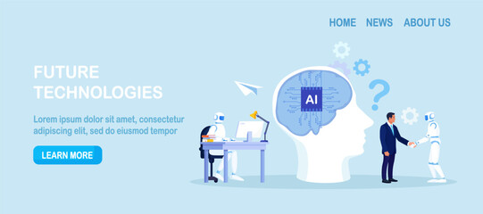 Businessman collaborates with smart AI brain. Business automation. AI robot performance. Robotic assistance. Human and artificial intelligence work together, machine assists or supports the work