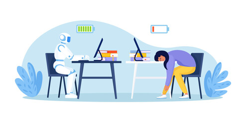 Robot vs human. High productivity artificial intelligence working at computer and tired employee at workplace. Business automation. AI robot work efficiency. Automation or robotic assistance