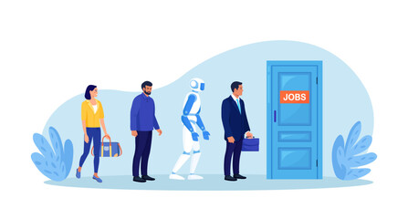 Robots and people stand in line waiting hiring interview at office hall. Robotics industry. Human and robotics employees for vacancy. Automated and manual labor. Robotic Process Automation - obrazy, fototapety, plakaty
