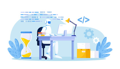 Humanoid robot working at computer in office workspace. Artificial intelligence, AI. Automation business process. Work organization. Project management, software development. Automated business system