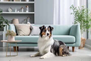 woman sitting on sofa with dog