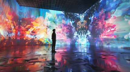 A lone man stands immersed in a stunning digital art installation, surrounded by a dynamic...